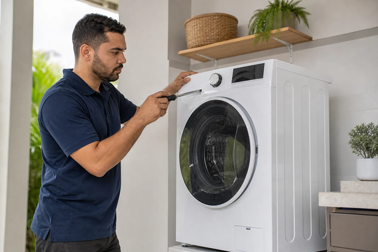 Técnico verificando o painel de uma lava e seca na casa do cliente