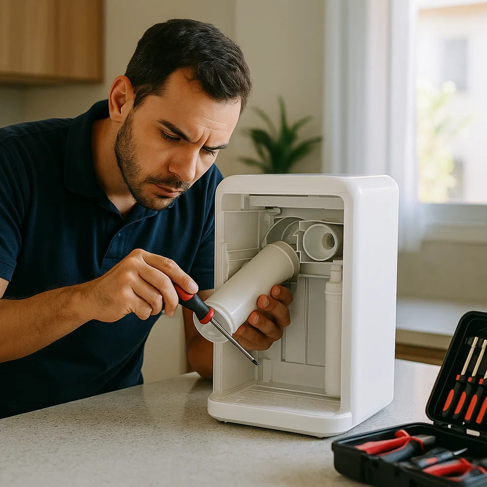 Técnico da ICEPAR fazendo a manutenção de um purificador de água