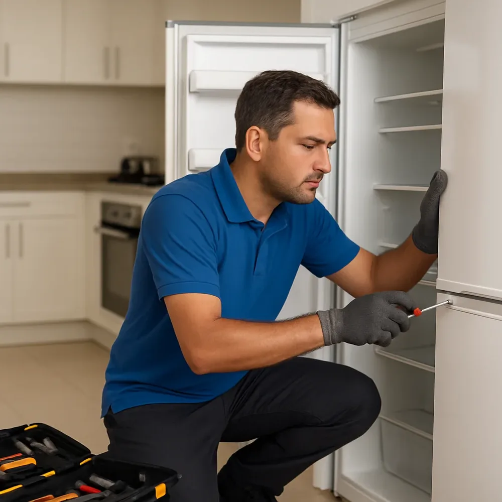 Técnico da ICEPAR consertando uma geladeira na cozinha do cliente