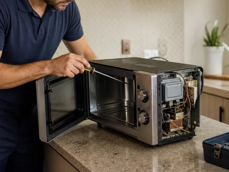 Técnico da ICEPAR consertando um micro-ondas na cozinha do cliente